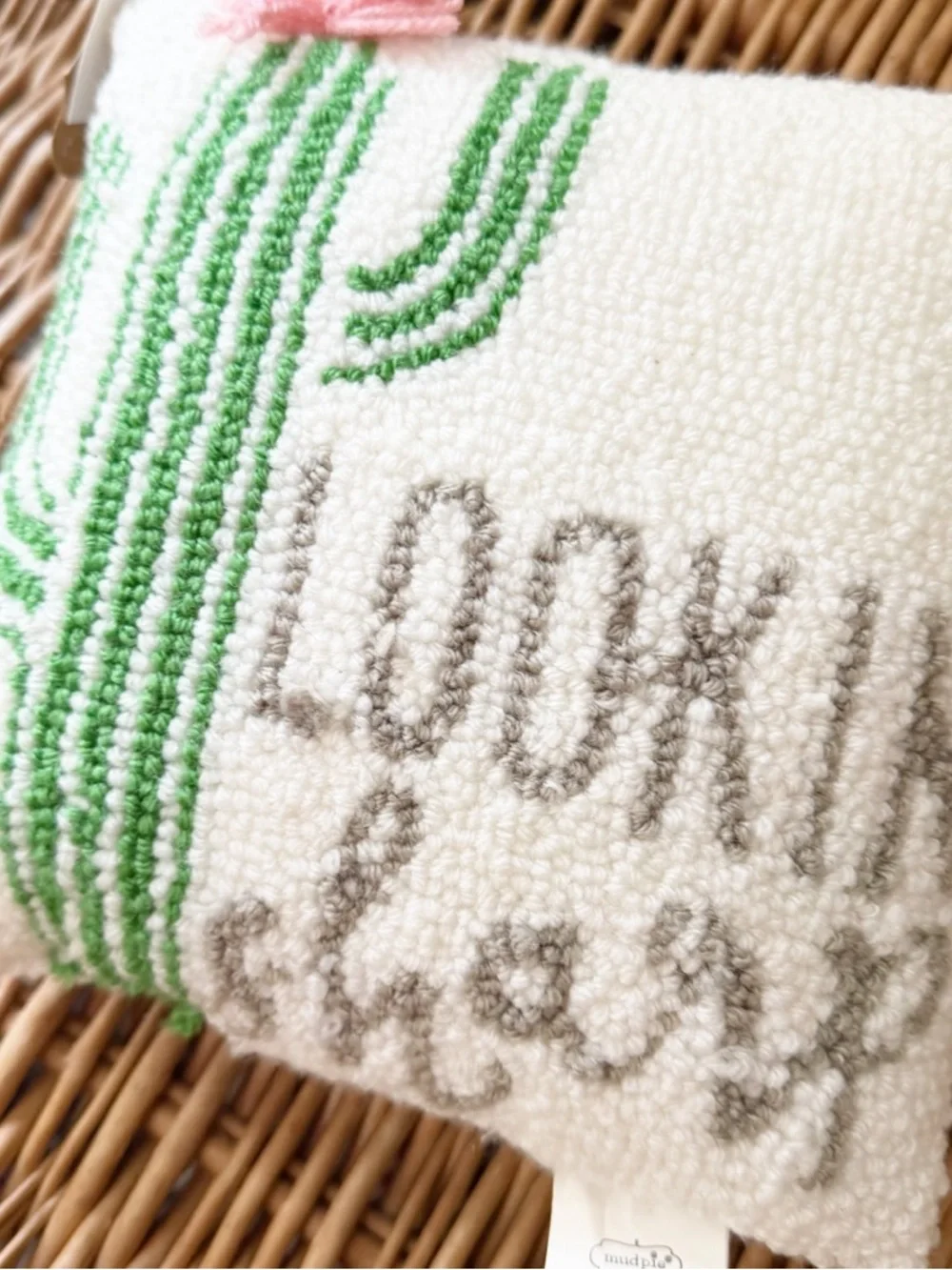 Mud Pie “looking sharp” hooked design mini accent pillow.